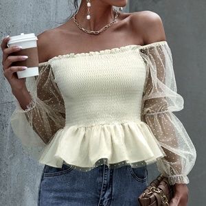 Boho Cream Off Shoulder Ruffle Dot Sheer Blouse
